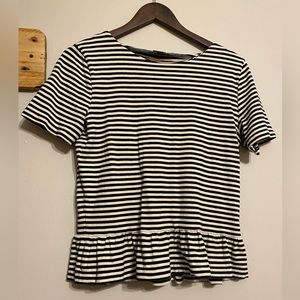 J. Crew black and white striped top with ruffled waist